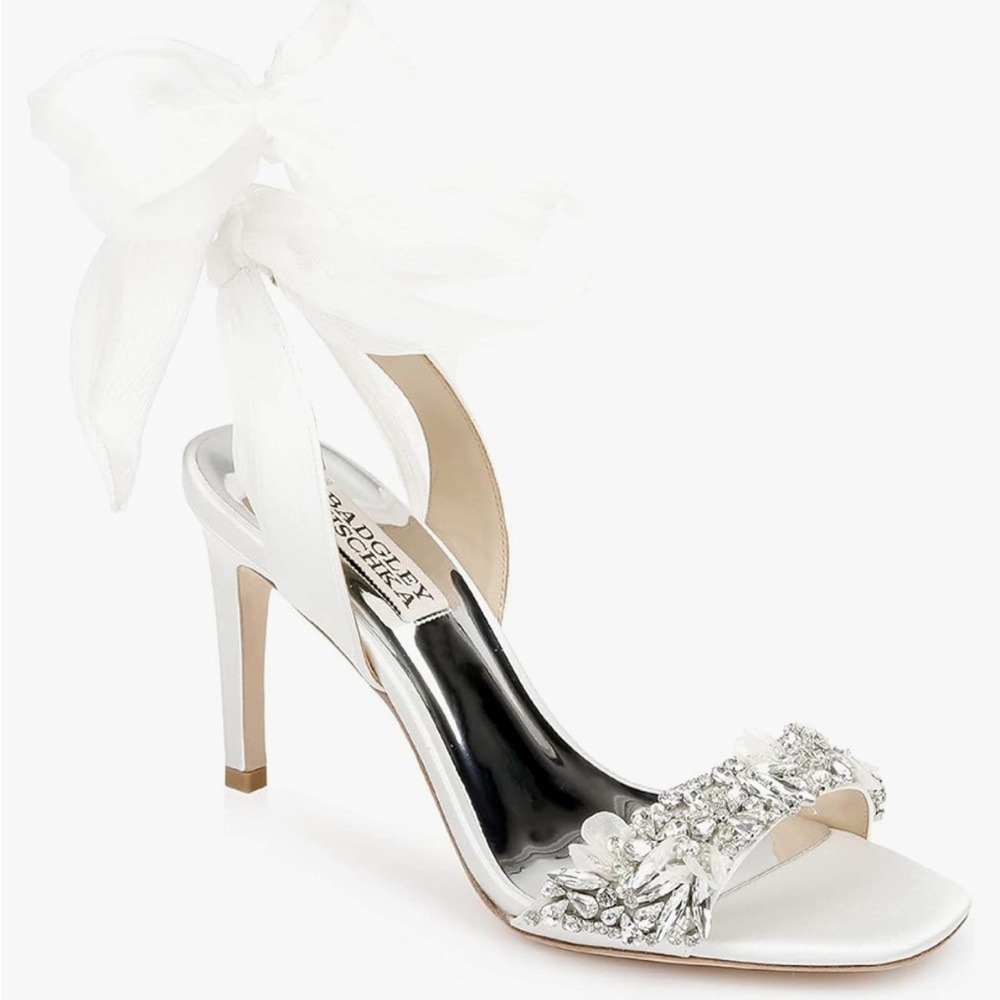 Ivory “Bobbie” Satin Sandal Heels with Chiffon Bow
